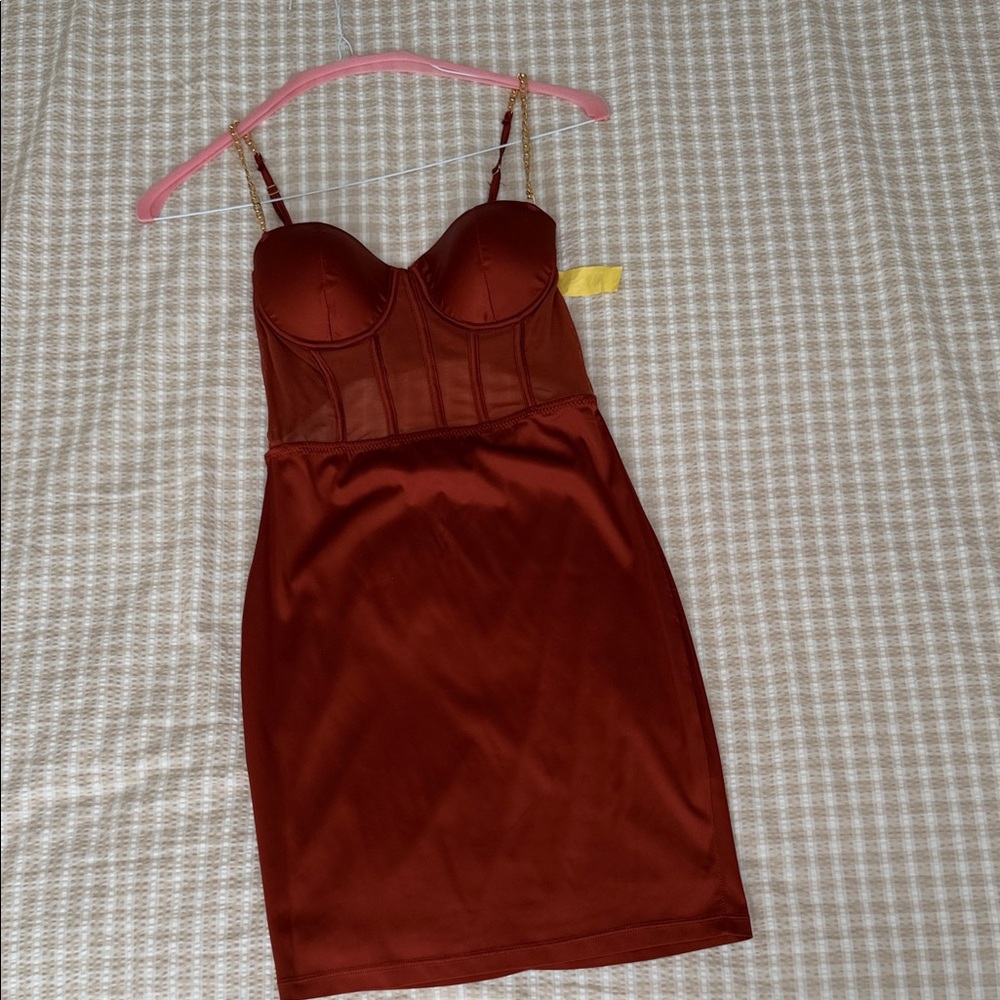 Fashion Nova Satin Corset Dress - Rust